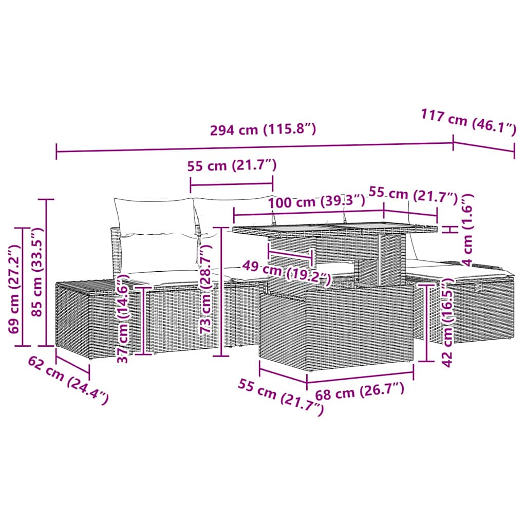 Σετ Καναπέ Κήπου με μαξιλάρι 6 pcs Γκρι συνθετικό ρατάν - Pakobazaar