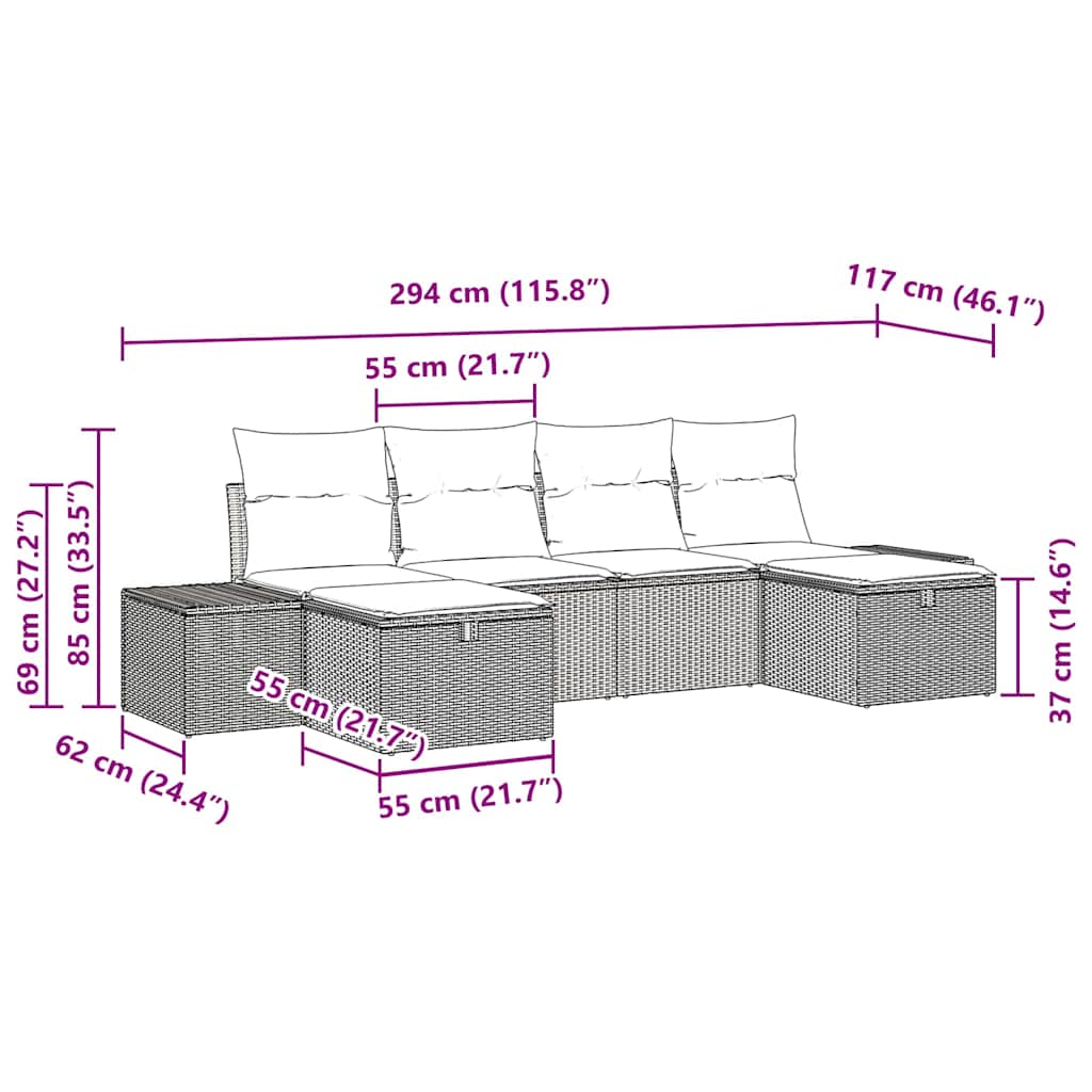 Σετ Καναπέ Κήπου με μαξιλάρι 6 pcs Μαύρο συνθετικό ρατάν - Pakobazaar
