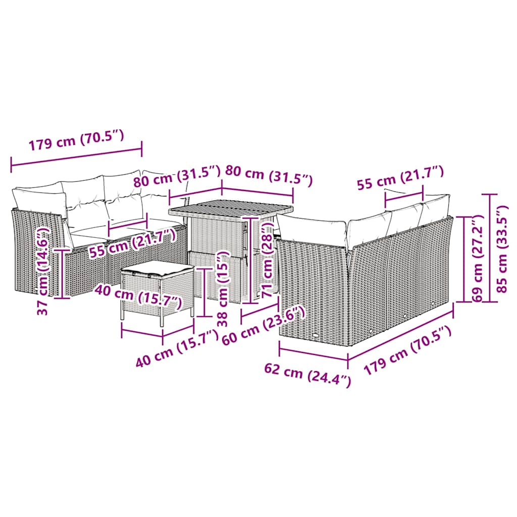 Σετ Καναπέ Κήπου με μαξιλάρι 9 pcs Μπεζ συνθετικό ρατάν