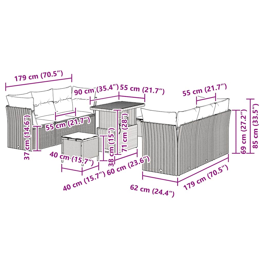 Σετ Καναπέ Κήπου 9 pcs Γκρι συνθετικό ρατάν