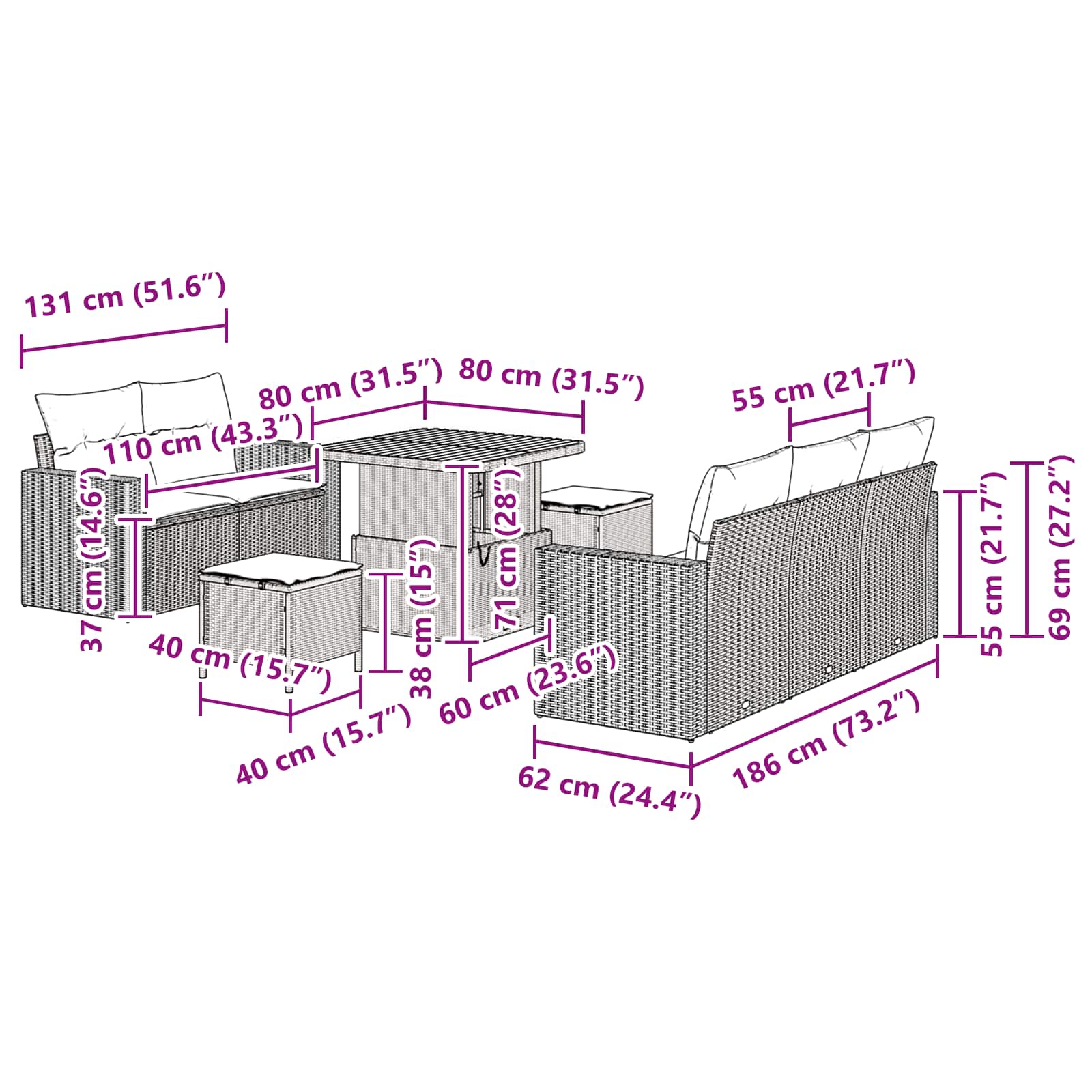 Σετ Καναπέ Κήπου με μαξιλάρι 8 pcs Μαύρο συνθετικό ρατάν - Pakobazaar
