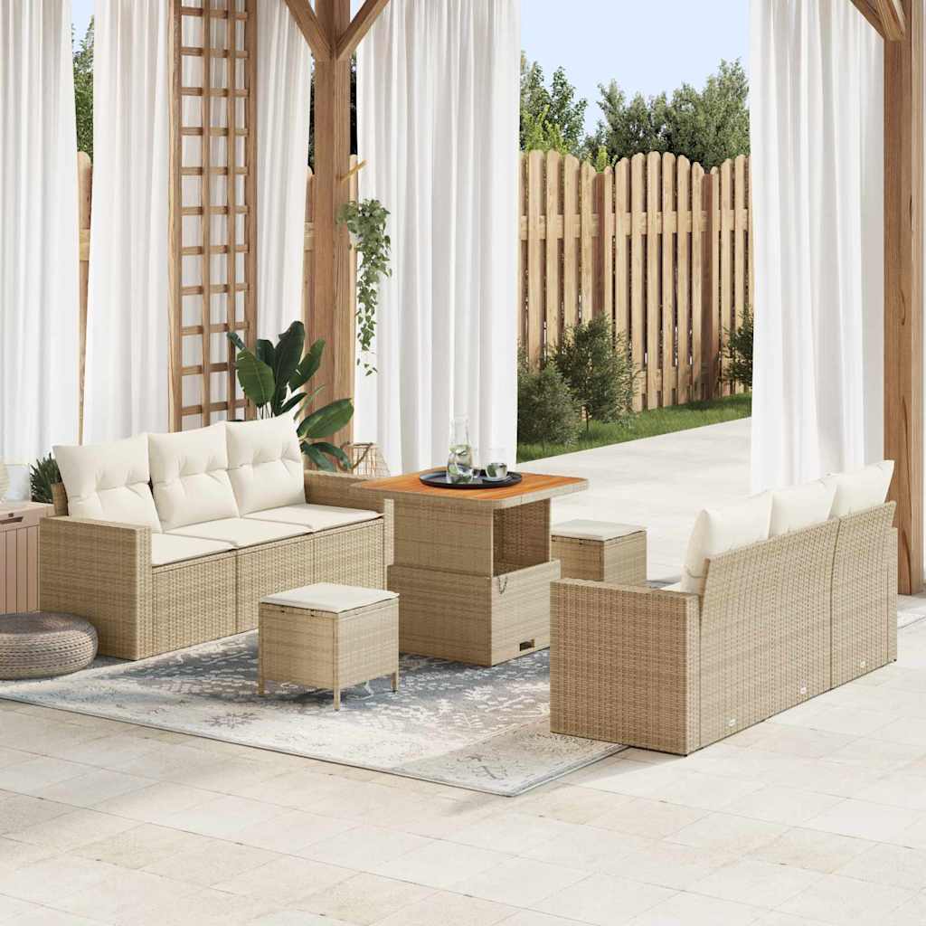 Σετ Καναπέ Κήπου με μαξιλάρι 9 pcs Μπεζ συνθετικό ρατάν - Pakobazaar