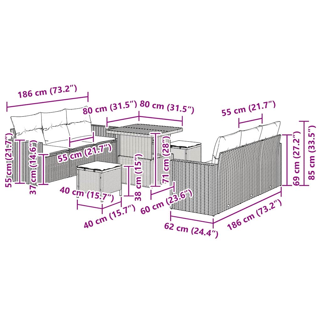 Σετ Καναπέ Κήπου 9 pcs Μπεζ συνθετικό ρατάν