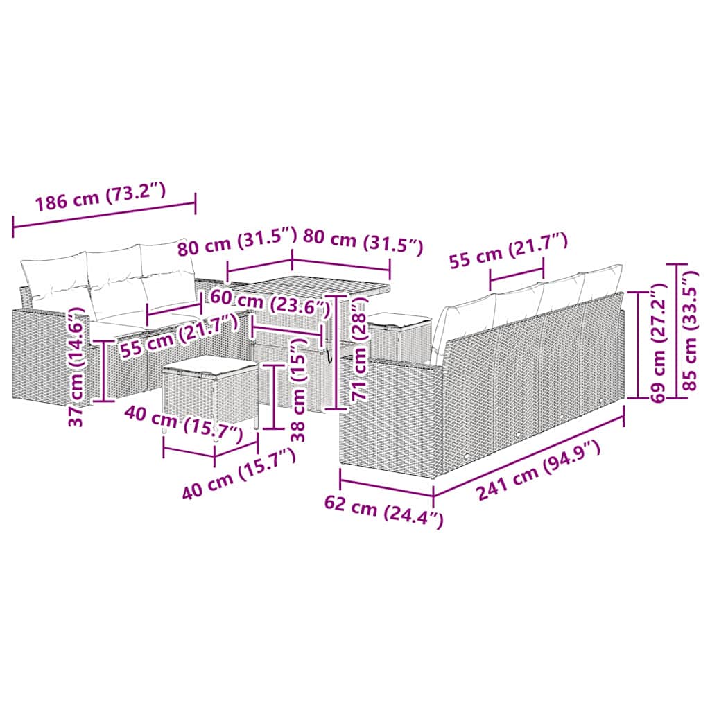 Σετ Καναπέ Κήπου με μαξιλάρι 10 pcs Μαύρο συνθετικό ρατάν