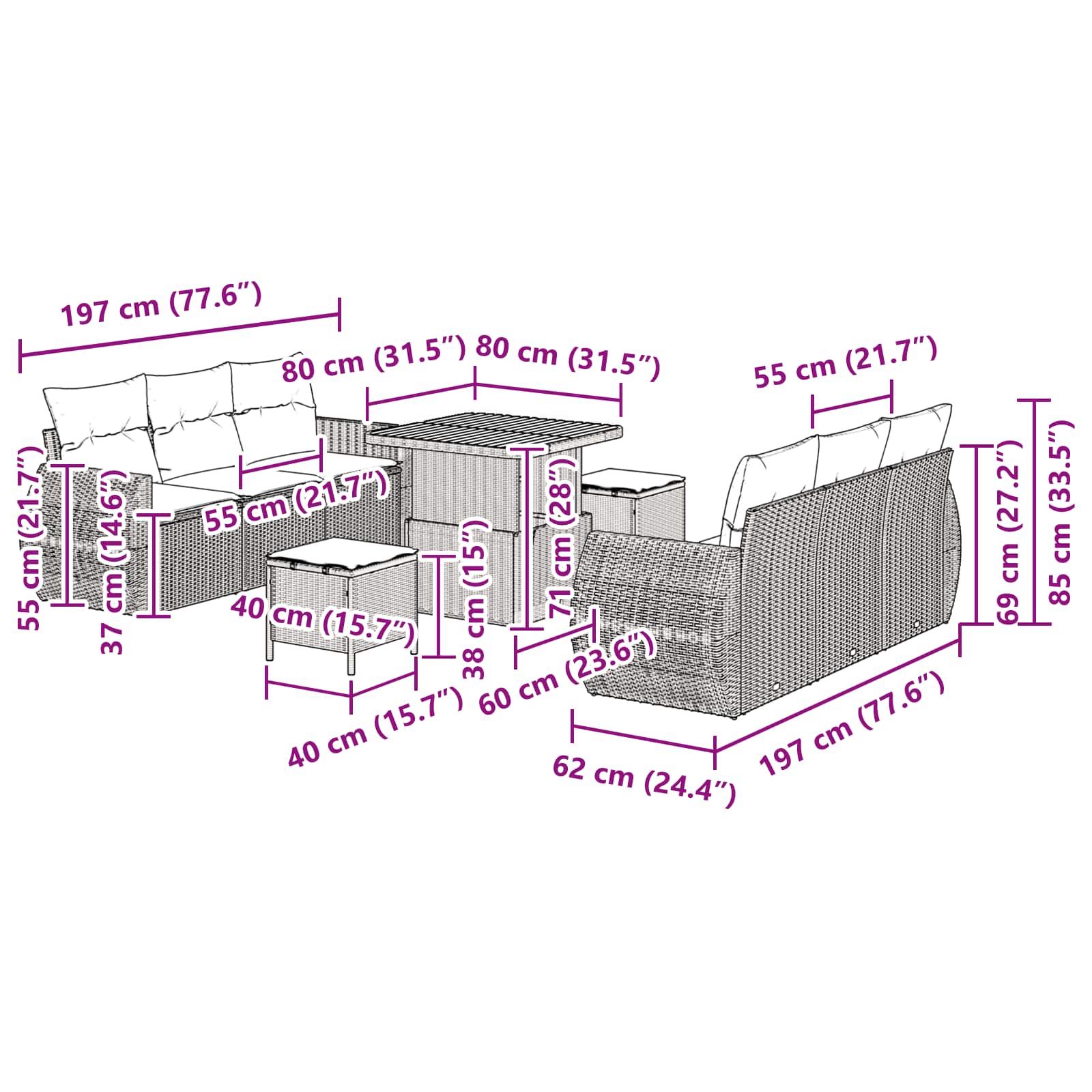 Σετ Καναπέ Κήπου με μαξιλάρι 9 pcs Μαύρο συνθετικό ρατάν - Pakobazaar