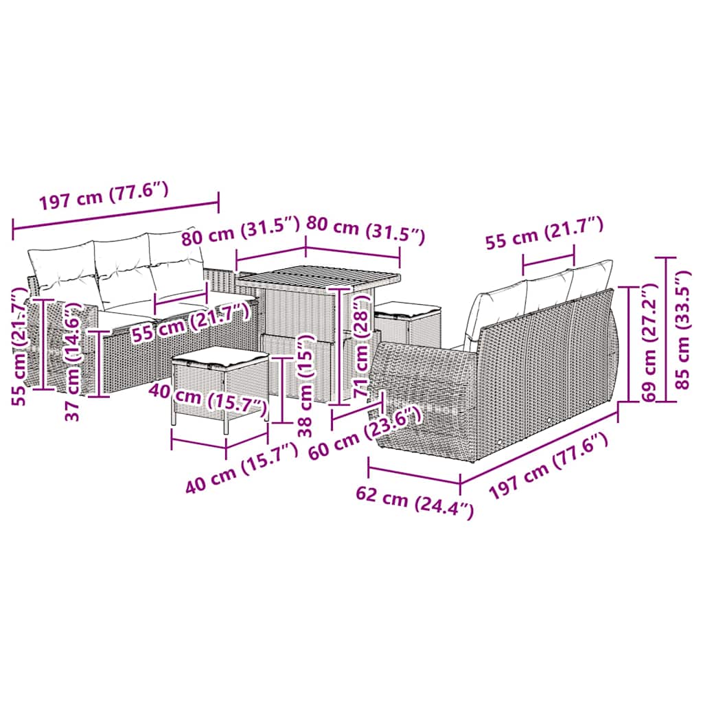 Σετ Καναπέ Κήπου με μαξιλάρι 9 pcs Μαύρο συνθετικό ρατάν