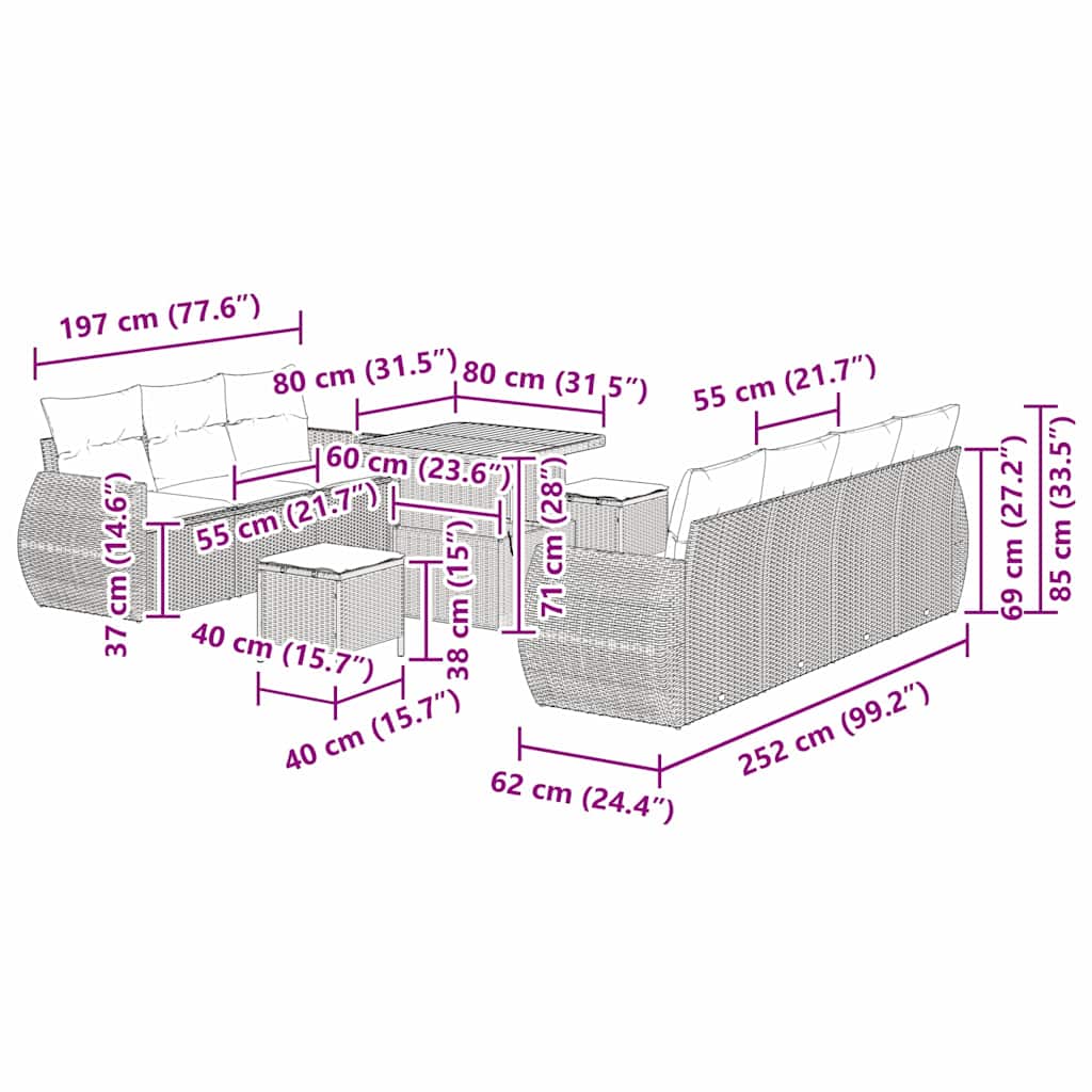 Σετ Καναπέ Κήπου με μαξιλάρι 10 pcs Γκρι συνθετικό ρατάν
