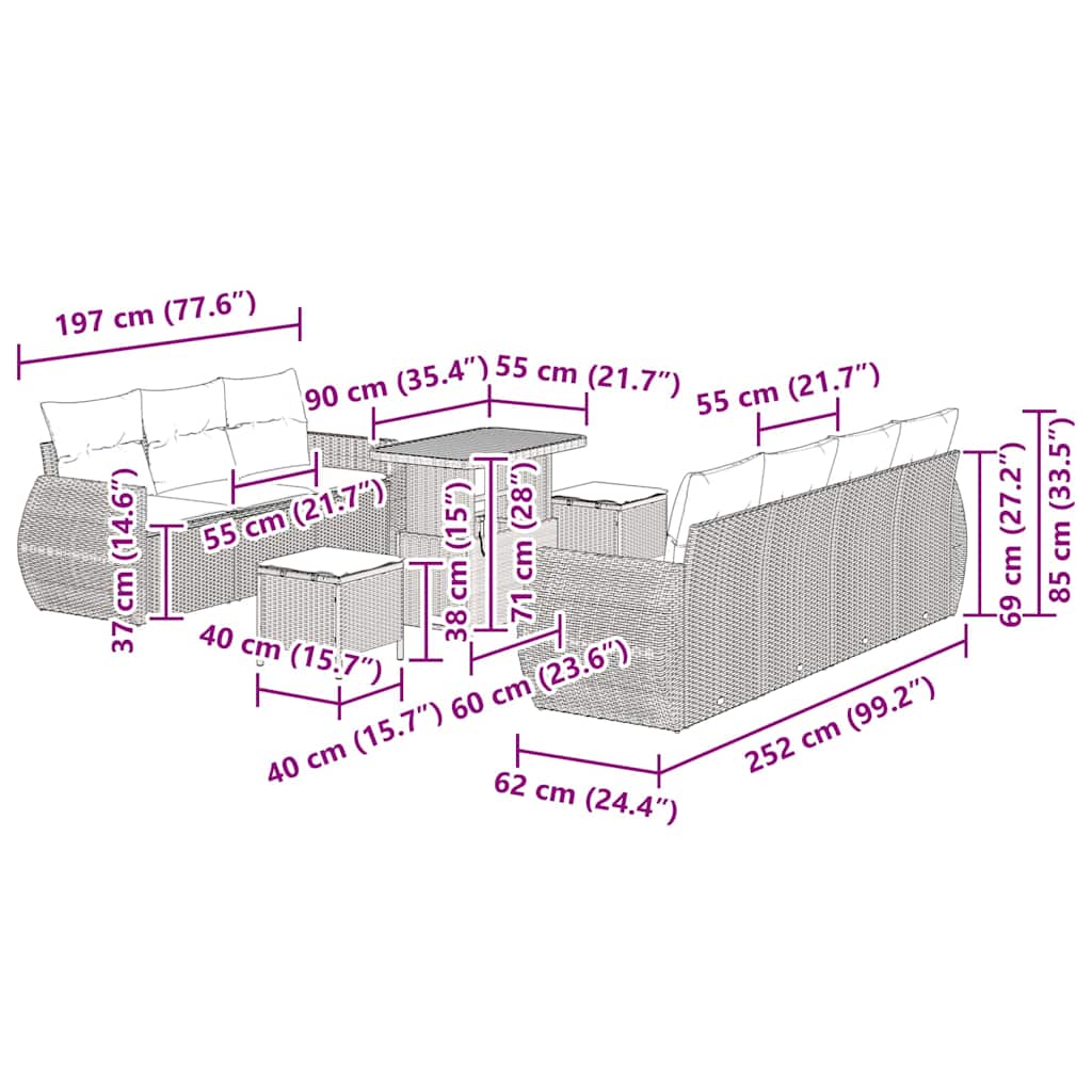 Σετ Καναπέ Κήπου με μαξιλάρι 10 pcs Μπεζ συνθετικό ρατάν