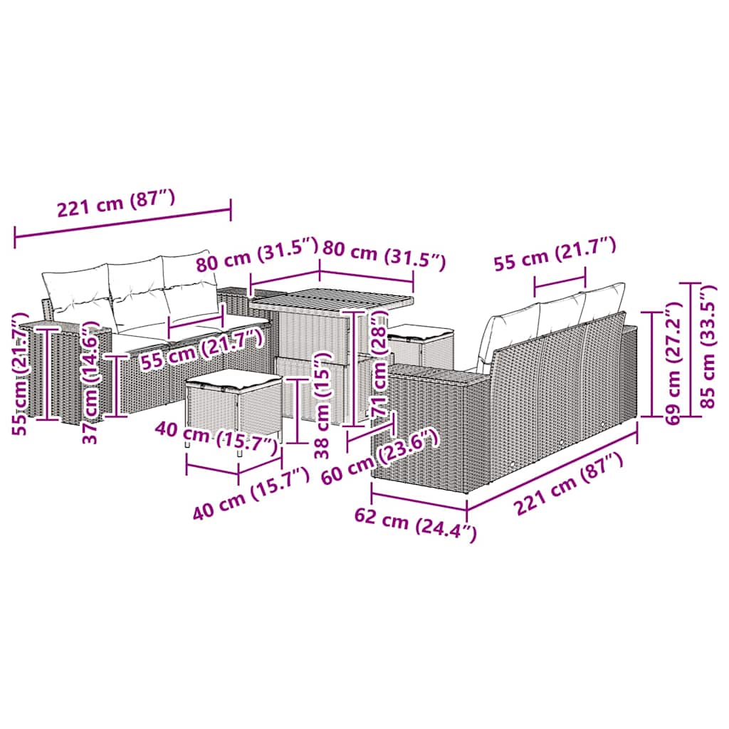 Σετ Καναπέ Κήπου με μαξιλάρι 9 pcs Μπεζ Πολυ ράταν