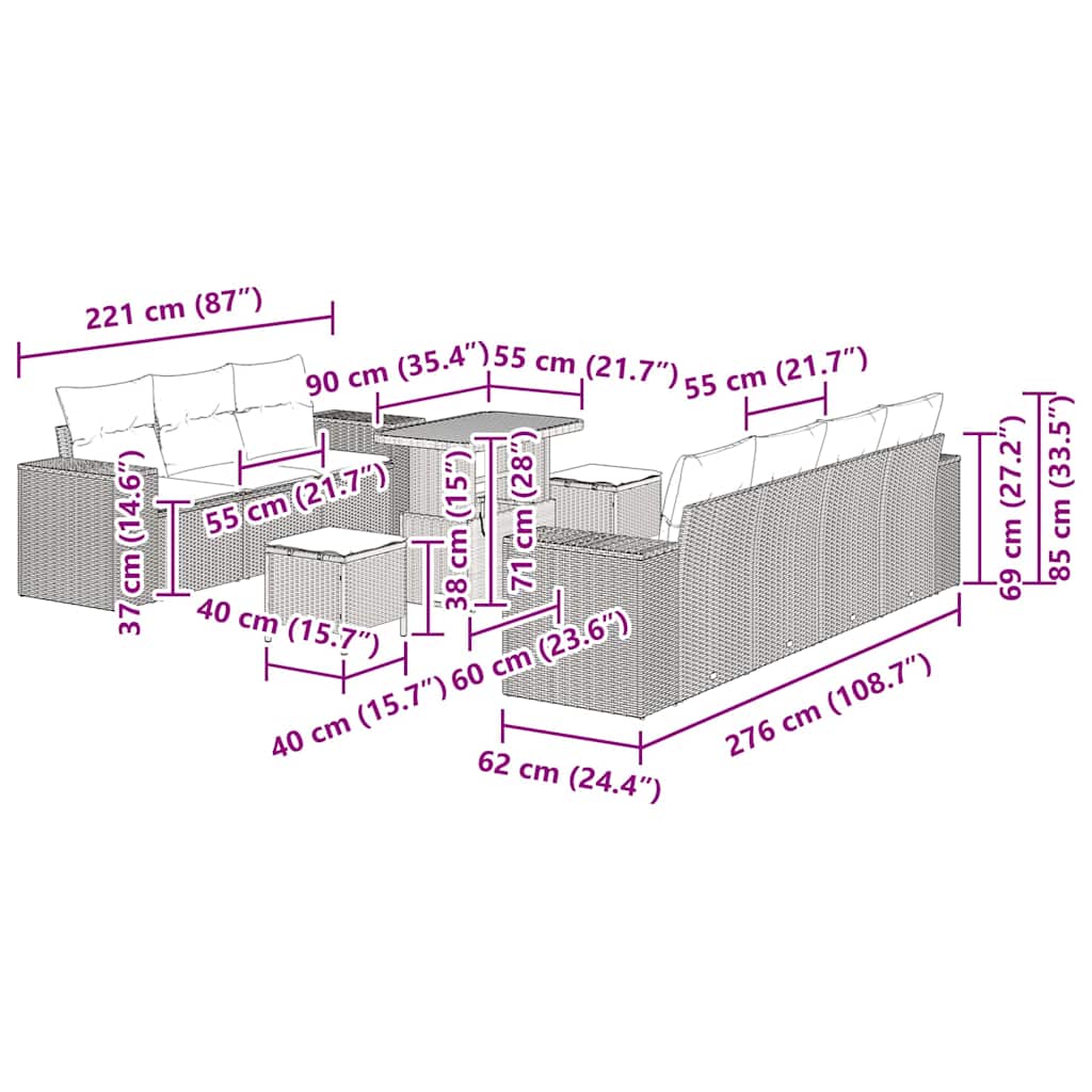 Σετ Καναπέ Κήπου με μαξιλάρι 10 pcs Μπεζ συνθετικό ρατάν