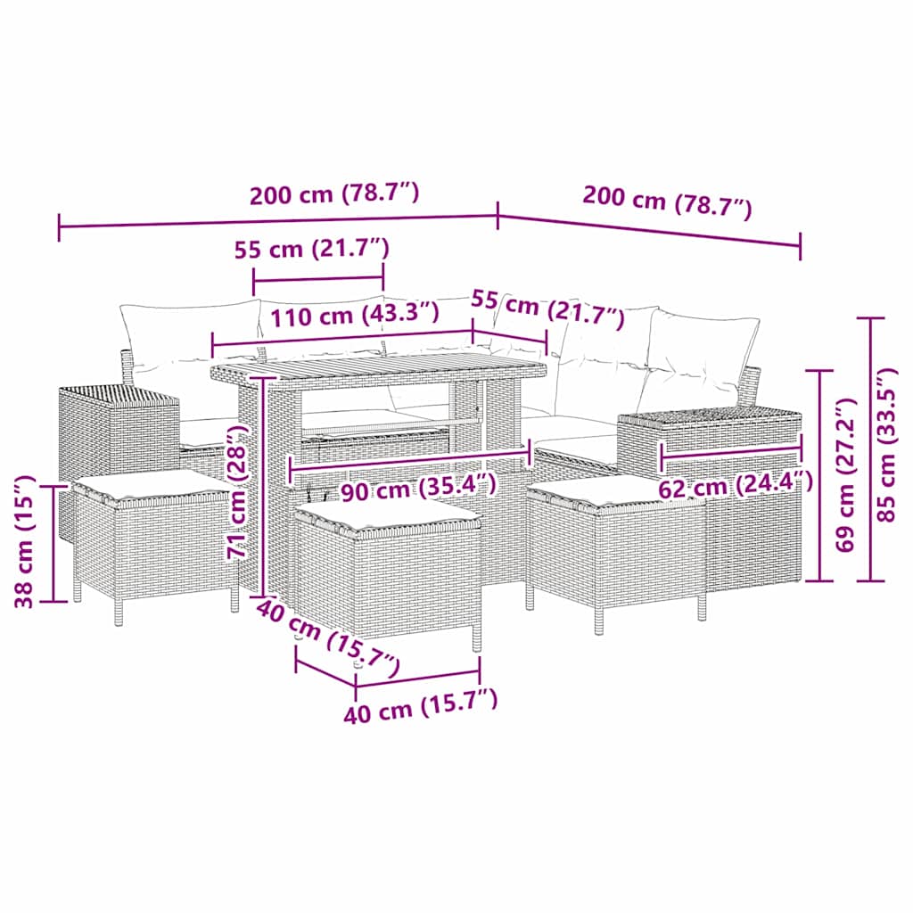 Σετ Καναπέ Κήπου με μαξιλάρι 9 pcs Μπεζ συνθετικό ρατάν