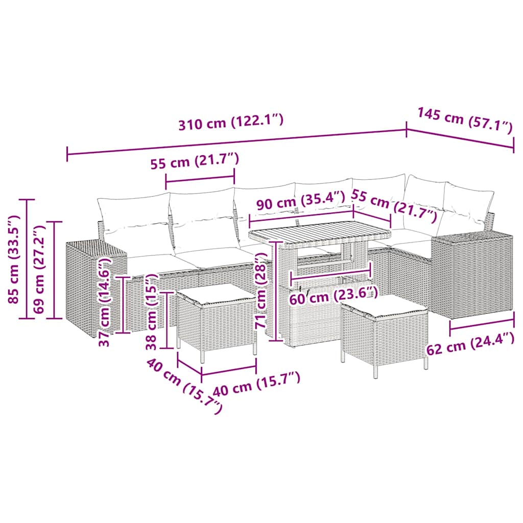 Σετ Καναπέ Κήπου με μαξιλάρι 9 pcs Γκρι συνθετικό ρατάν
