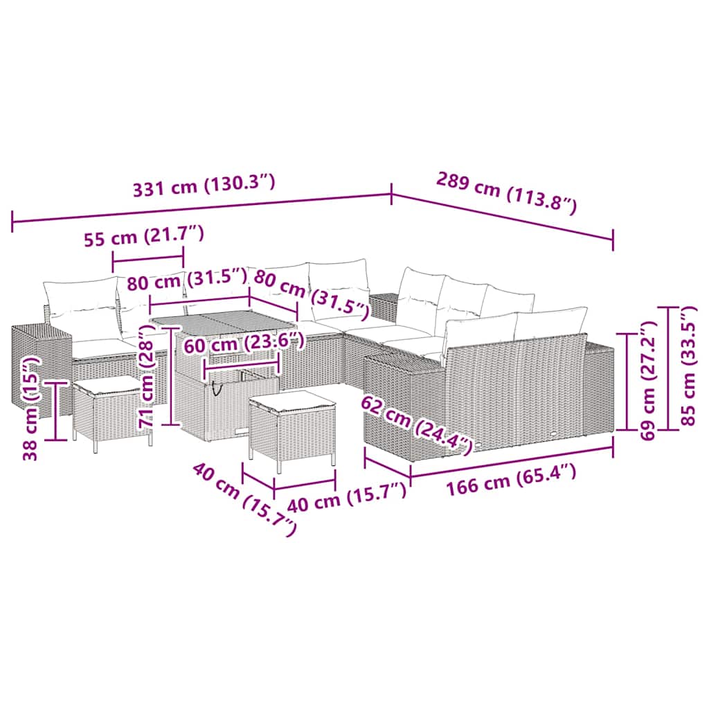 Σετ Καναπέ Κήπου με μαξιλάρι 13 pcs Γκρι συνθετικό ρατάν