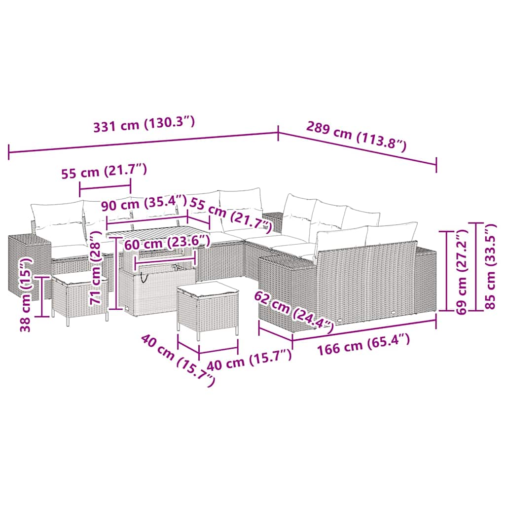 Σετ Καναπέ Κήπου με μαξιλάρι 13 pcs Μπεζ συνθετικό ρατάν