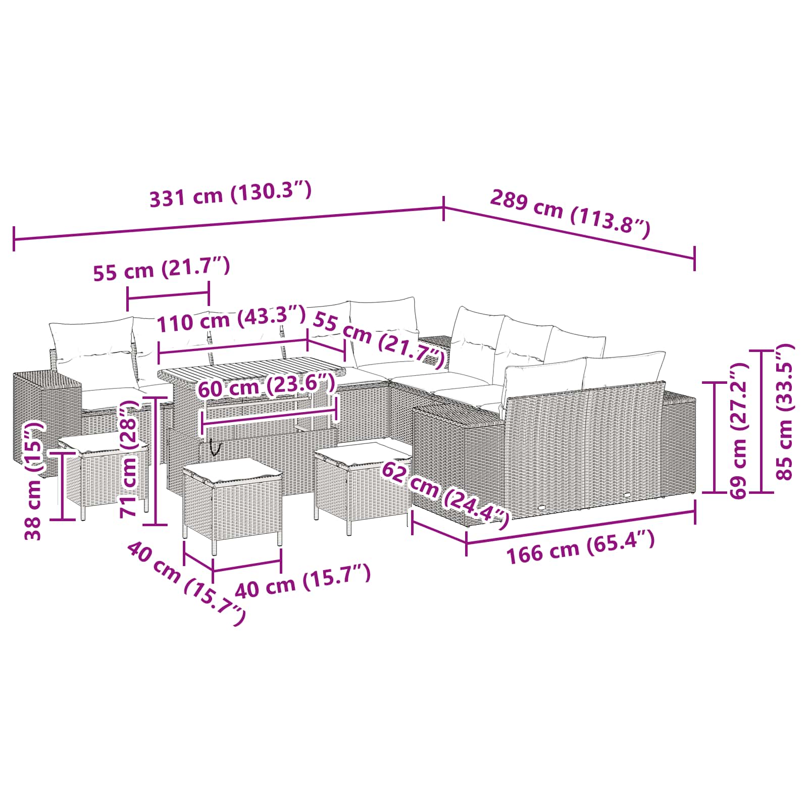 Σετ Καναπέ Κήπου με μαξιλάρι 14 pcs Μαύρο συνθετικό ρατάν - Pakobazaar
