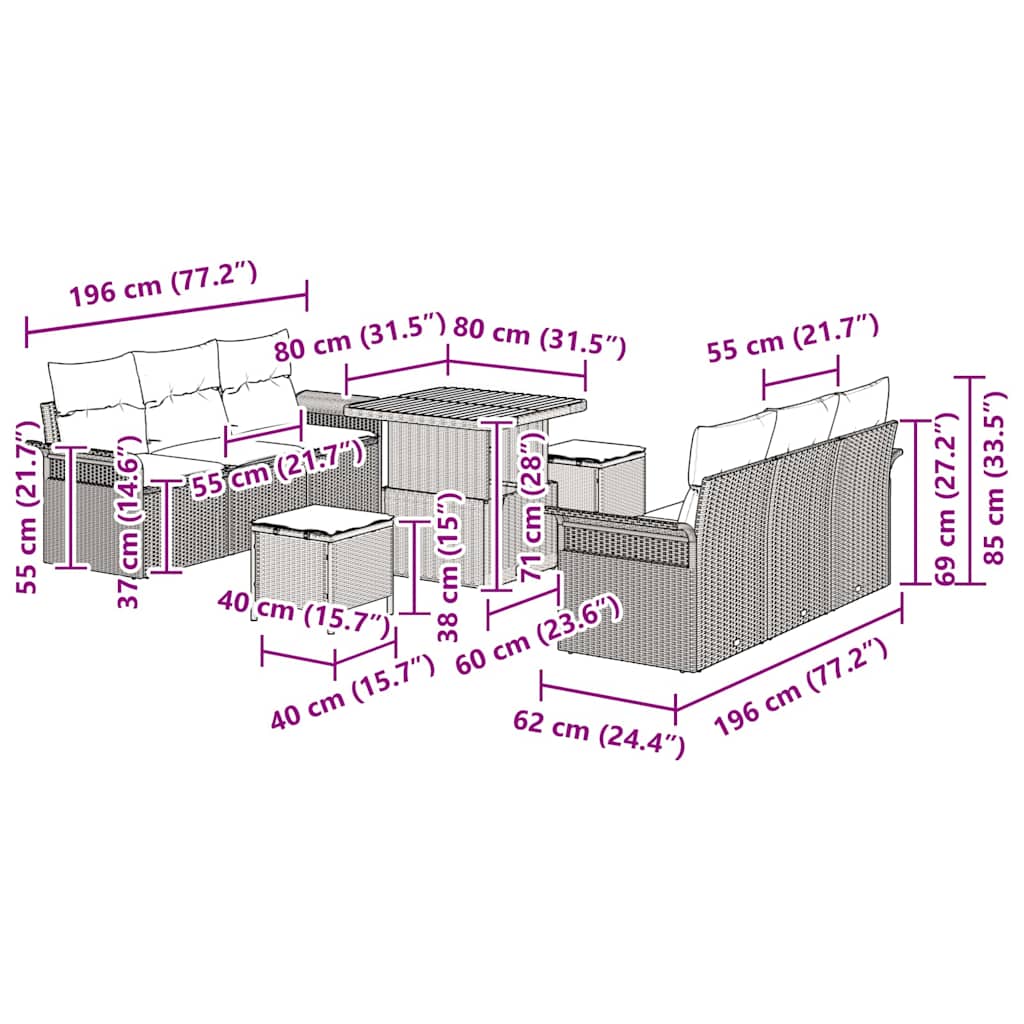 Σετ Καναπέ Κήπου με μαξιλάρι 9 pcs Γκρι συνθετικό ρατάν