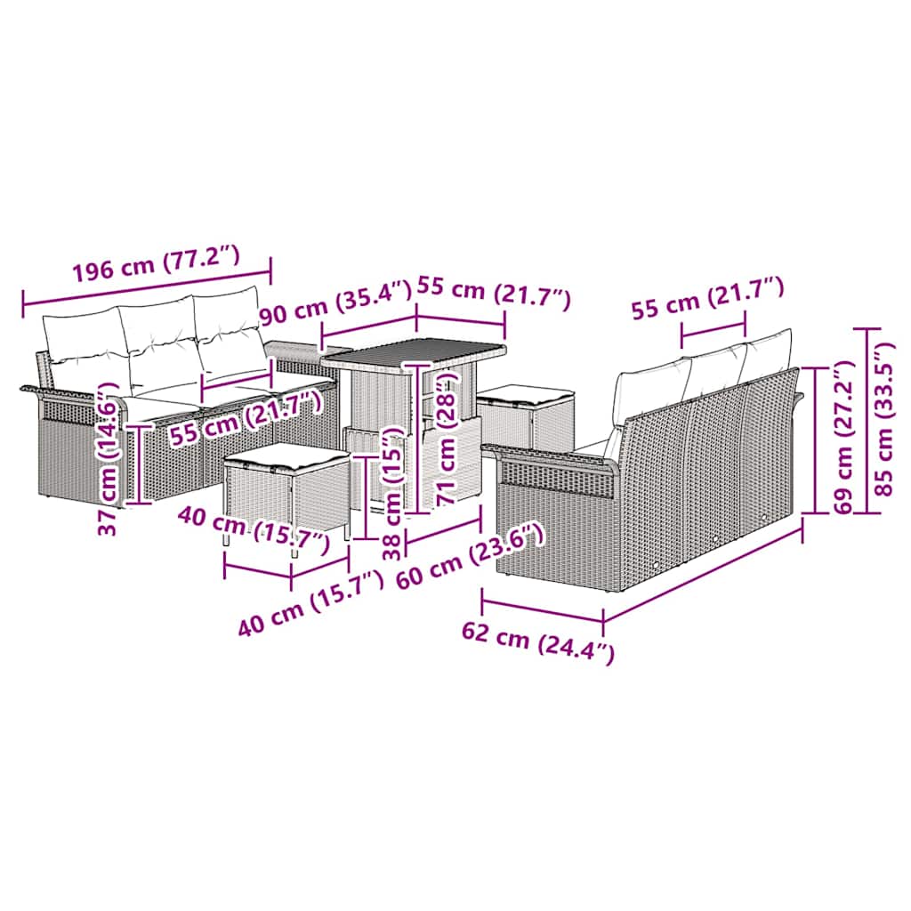 Σετ Καναπέ Κήπου με μαξιλάρι 9 pcs Μαύρο συνθετικό ρατάν - Pakobazaar