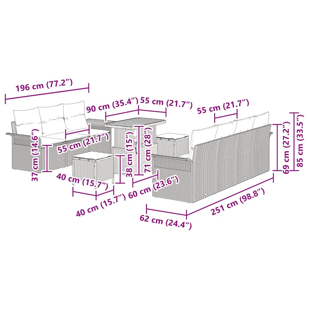 Σετ Καναπέ Κήπου με μαξιλάρι 10 pcs Μαύρο συνθετικό ρατάν