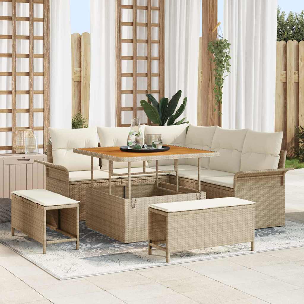 Σετ Καναπέ Κήπου με μαξιλάρι 8 pcs Μπεζ συνθετικό ρατάν - Pakobazaar