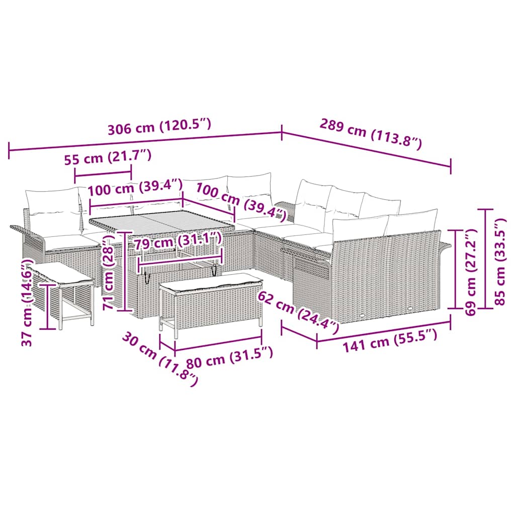 Σετ Καναπέ Κήπου με μαξιλάρι 13 pcs Μαύρο συνθετικό ρατάν - Pakobazaar