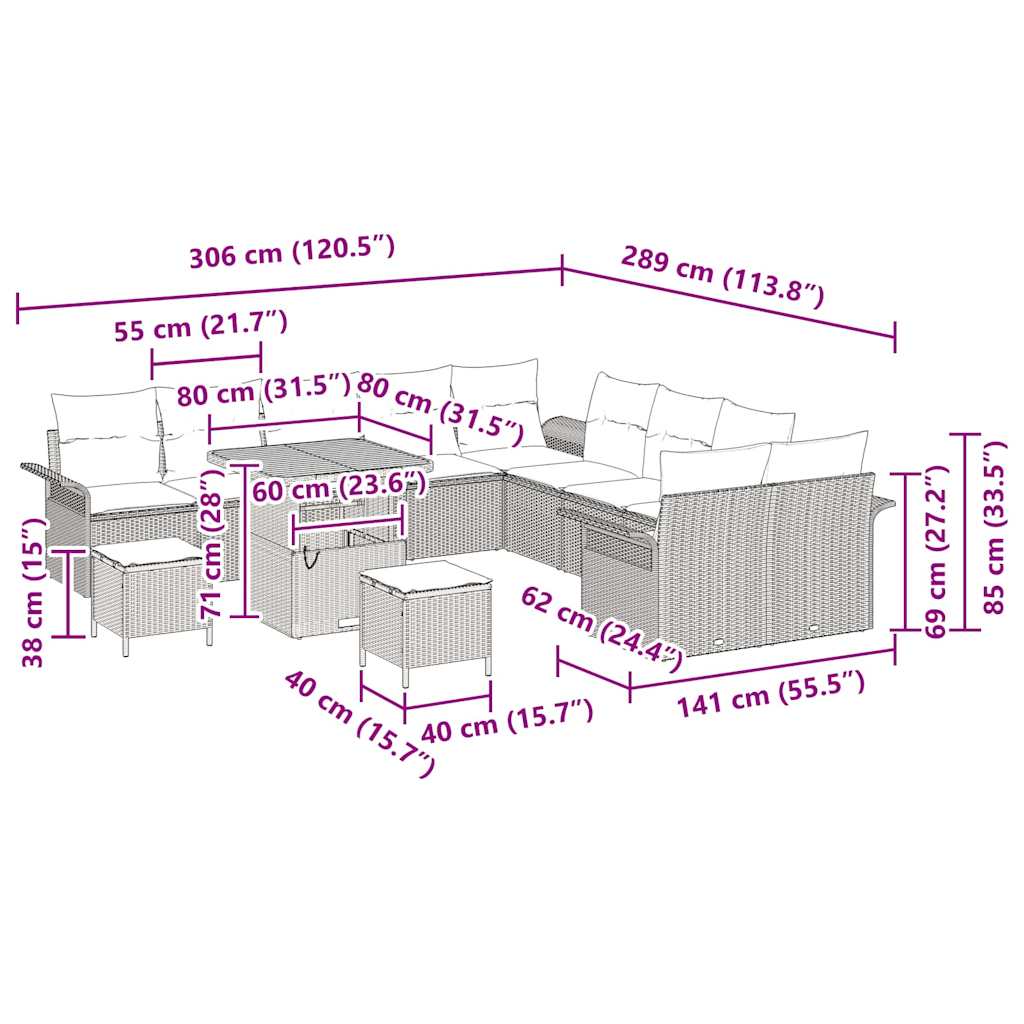Σετ Καναπέ Κήπου με μαξιλάρι 13 pcs Μπεζ συνθετικό ρατάν