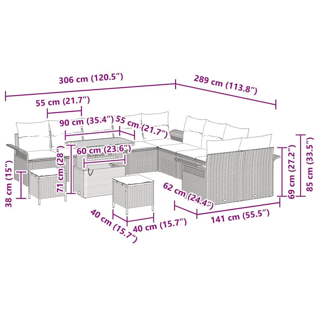 Σετ Καναπέ Κήπου με μαξιλάρι 13 pcs Μαύρο συνθετικό ρατάν