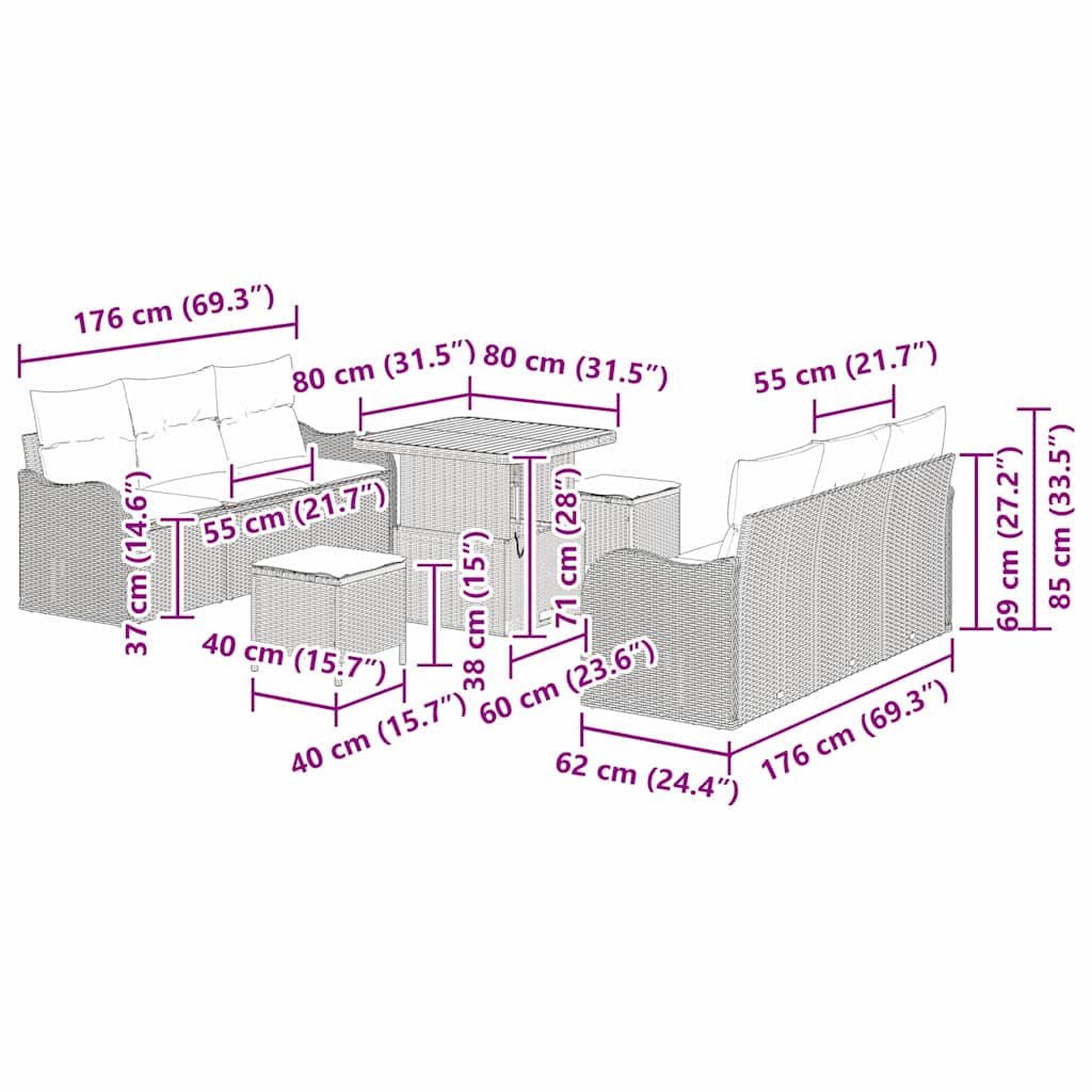Σετ Καναπέ Κήπου με μαξιλάρι 9 pcs Μαύρο συνθετικό ρατάν - Pakobazaar