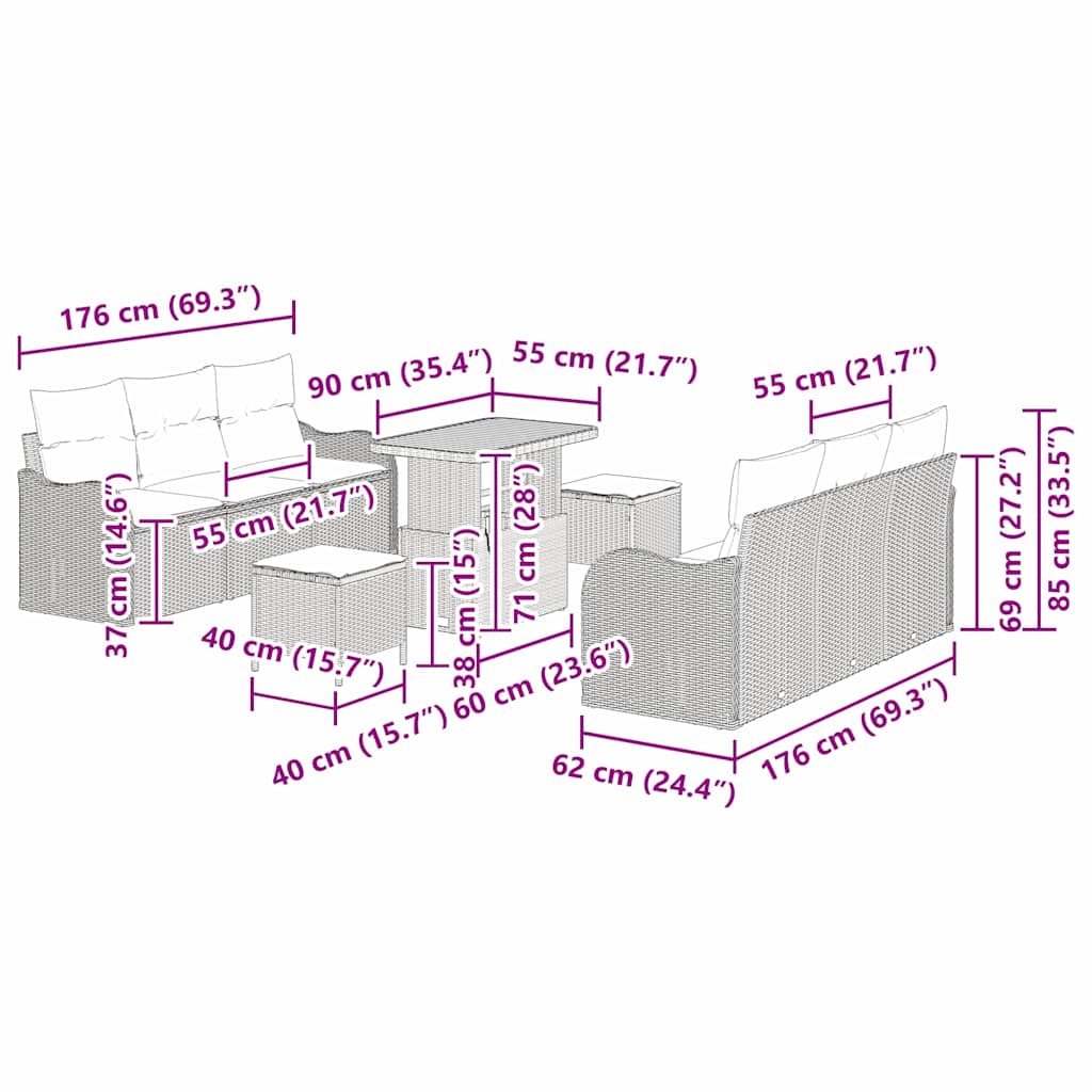 Σετ Καναπέ Κήπου με μαξιλάρι 9 pcs Γκρι συνθετικό ρατάν