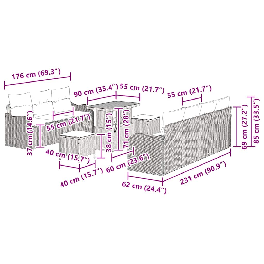 Σετ Καναπέ Κήπου με μαξιλάρι 10 pcs Γκρι συνθετικό ρατάν