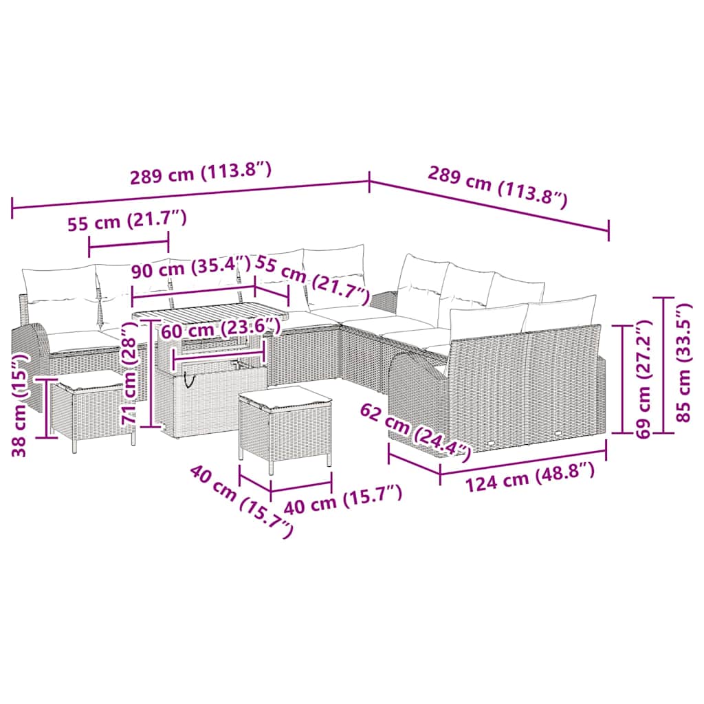 Σετ Καναπέ Κήπου με μαξιλάρι 13 pcs Γκρι συνθετικό ρατάν