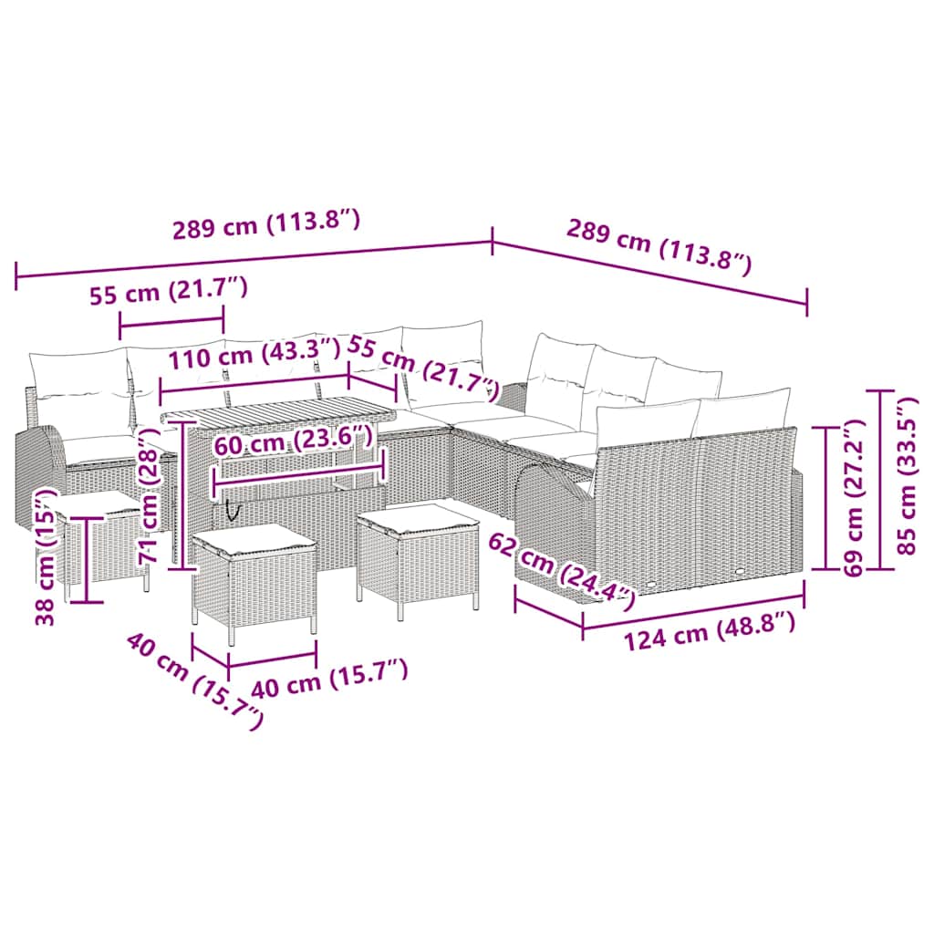 Σετ Καναπέ Κήπου με μαξιλάρι 14 pcs Γκρι συνθετικό ρατάν
