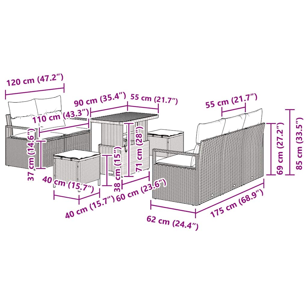 Σετ Καναπέ Κήπου με μαξιλάρι 8 pcs Γκρι συνθετικό ρατάν