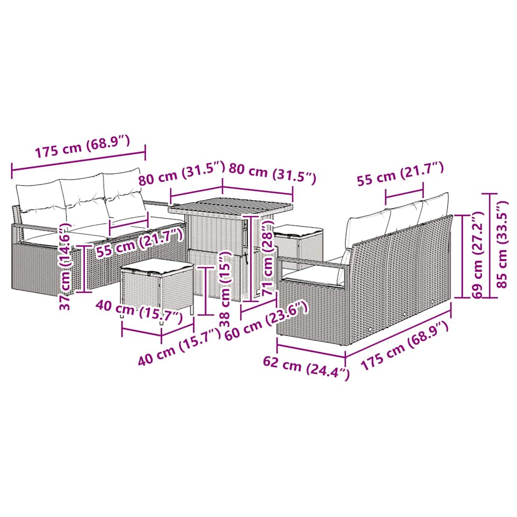 Σετ Καναπέ Κήπου με μαξιλάρι 9 pcs Γκρι συνθετικό ρατάν