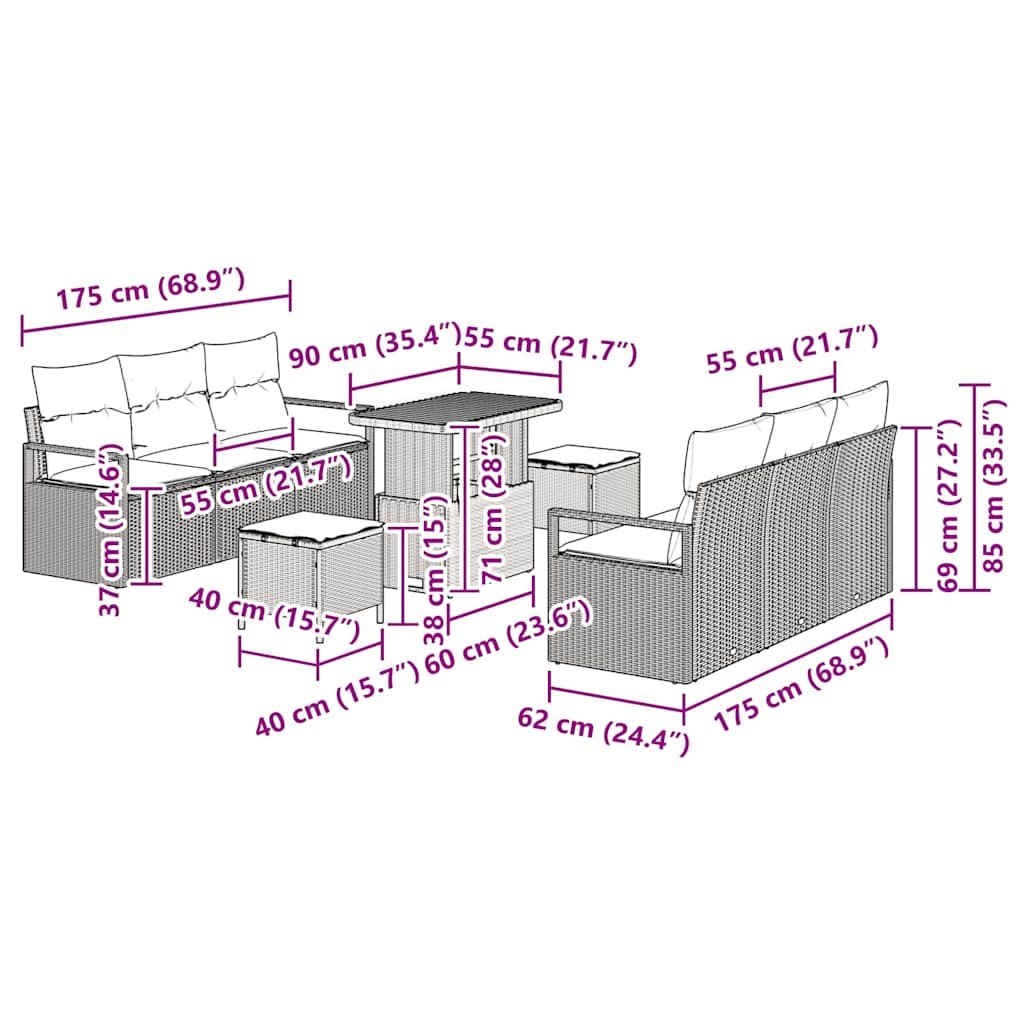 Σετ Καναπέ Κήπου με μαξιλάρι 9 pcs Γκρι συνθετικό ρατάν