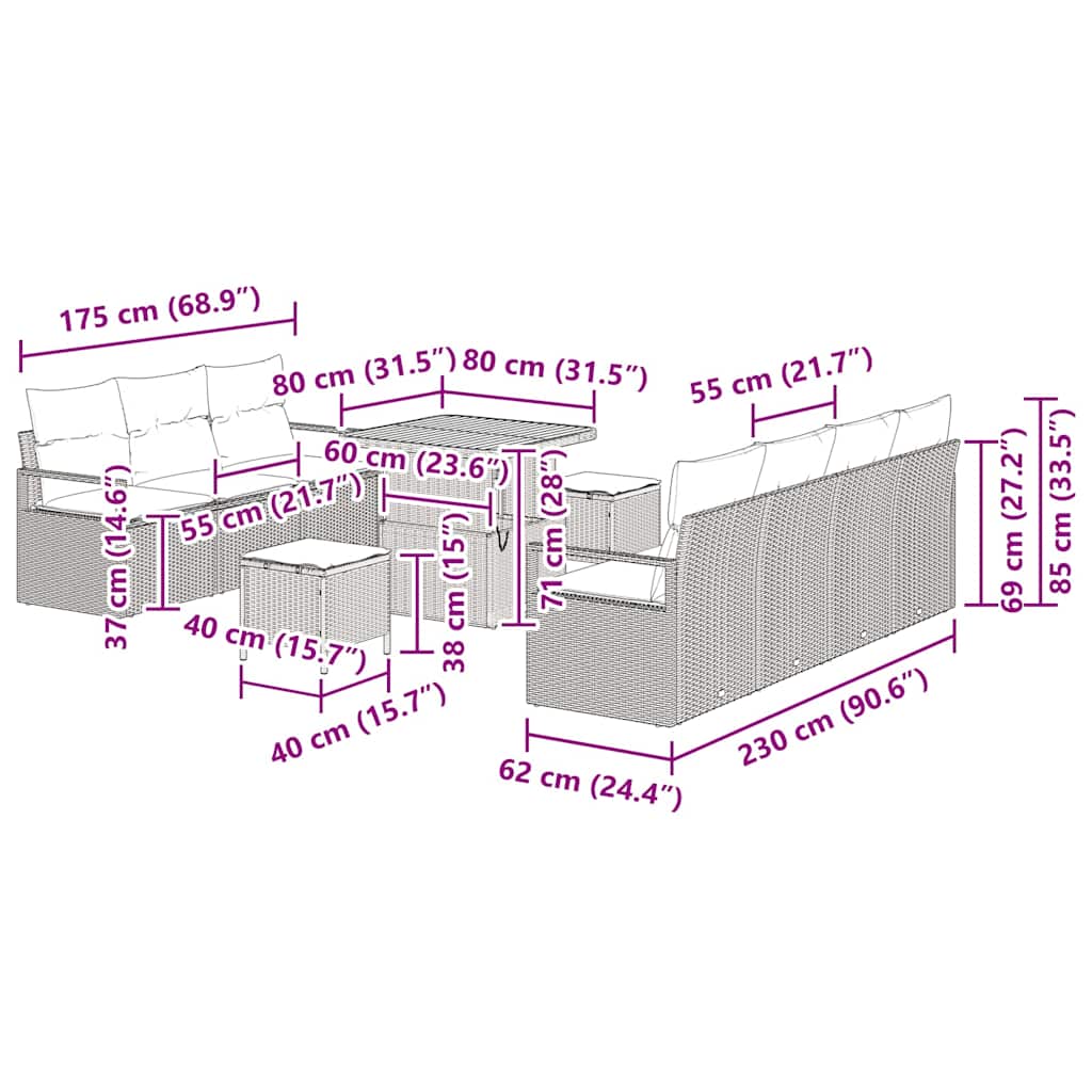 Σετ Καναπέ Κήπου με μαξιλάρι 10 pcs Μπεζ συνθετικό ρατάν