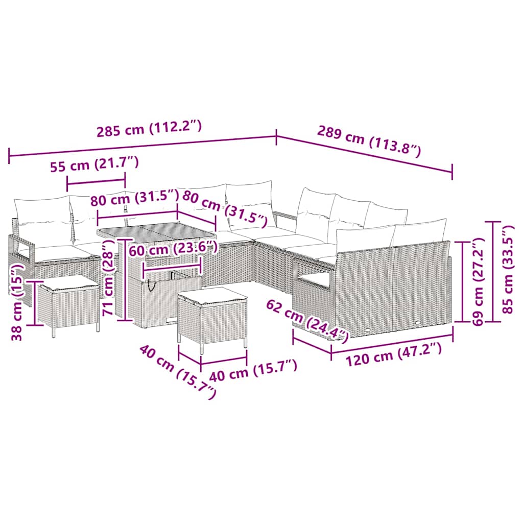 Σετ Καναπέ Κήπου με μαξιλάρι 13 pcs Γκρι συνθετικό ρατάν