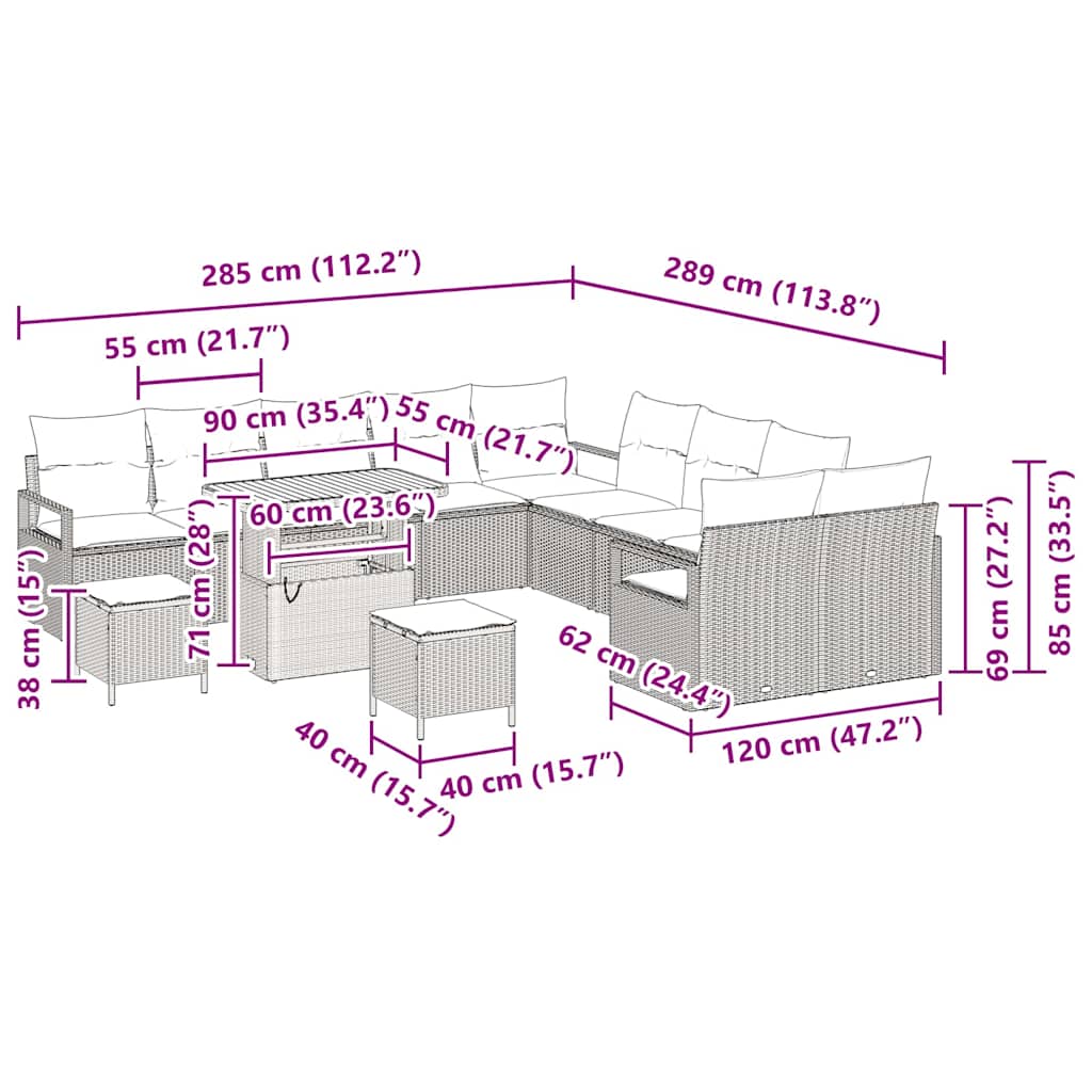 Σετ Καναπέ Κήπου με μαξιλάρι 13 pcs Μπεζ συνθετικό ρατάν
