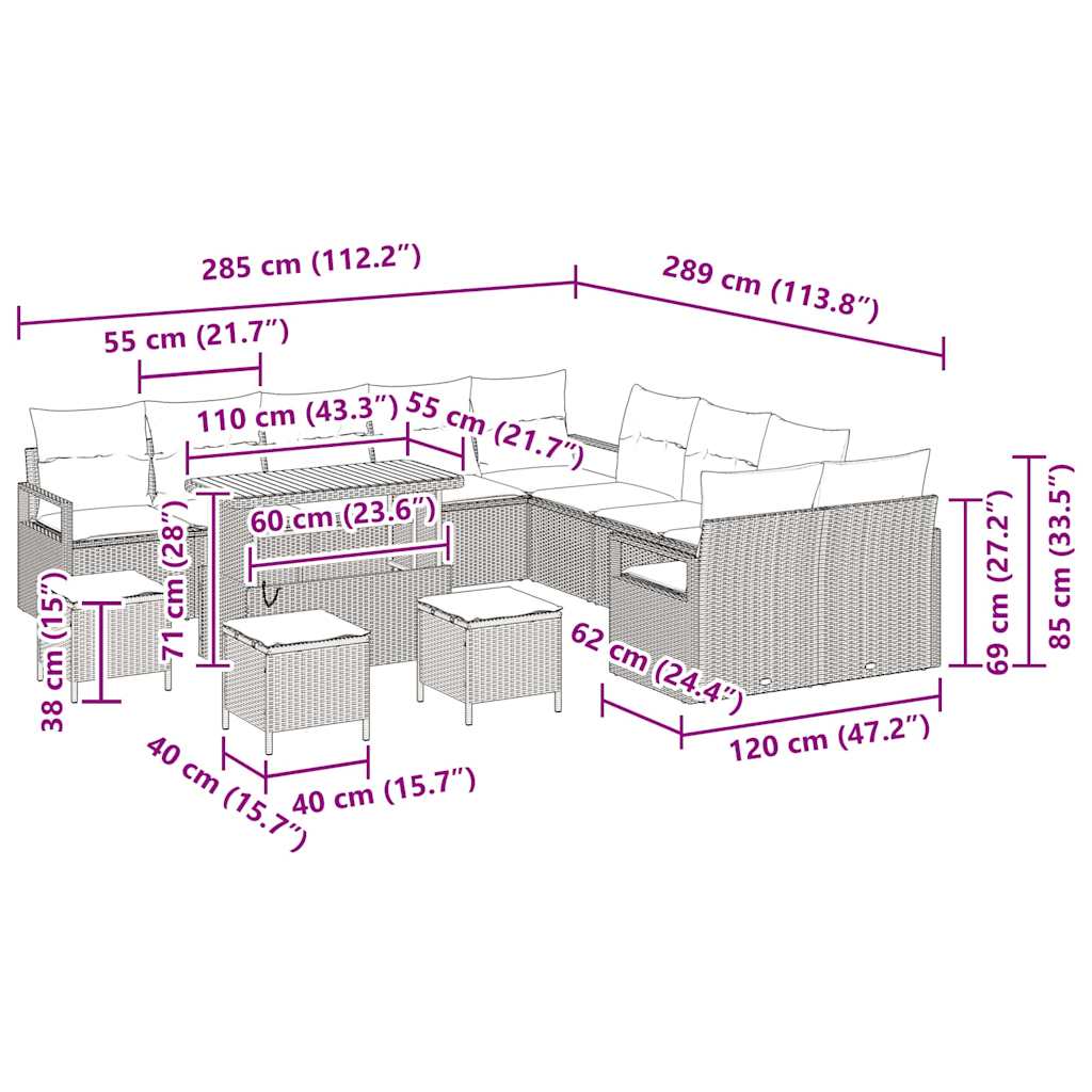 Σετ Καναπέ Κήπου με μαξιλάρι 14 pcs Μαύρο συνθετικό ρατάν
