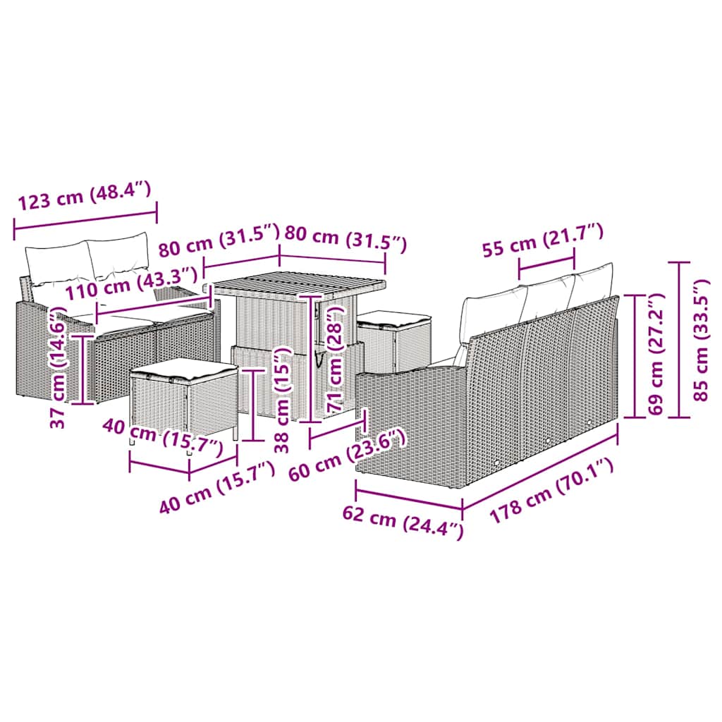 Σετ Καναπέ Κήπου με μαξιλάρι 8 pcs Μαύρο συνθετικό ρατάν