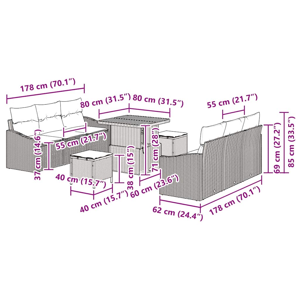Σετ Καναπέ Κήπου με μαξιλάρι 9 pcs Μαύρο συνθετικό ρατάν