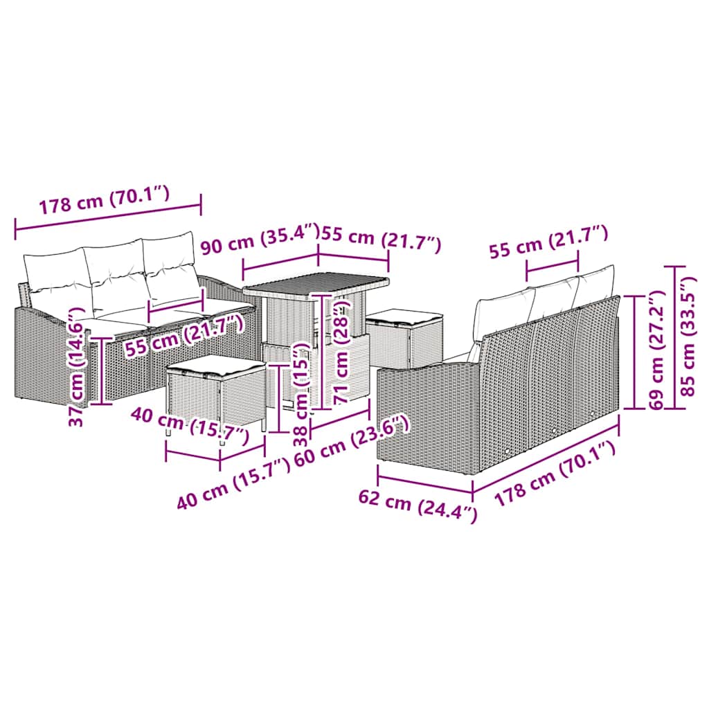 Σετ Καναπέ Κήπου με μαξιλάρι 9 pcs Μπεζ συνθετικό ρατάν