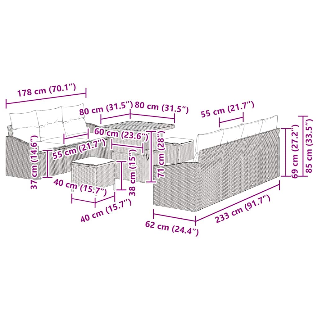 Σετ Καναπέ Κήπου με μαξιλάρι 10 pcs Γκρι συνθετικό ρατάν