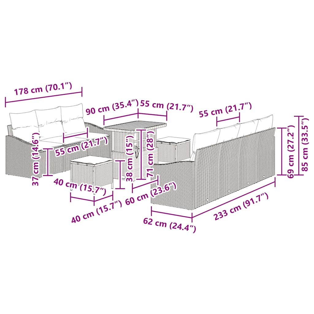 Σετ Καναπέ Κήπου με μαξιλάρι 10 pcs Μαύρο συνθετικό ρατάν - Pakobazaar