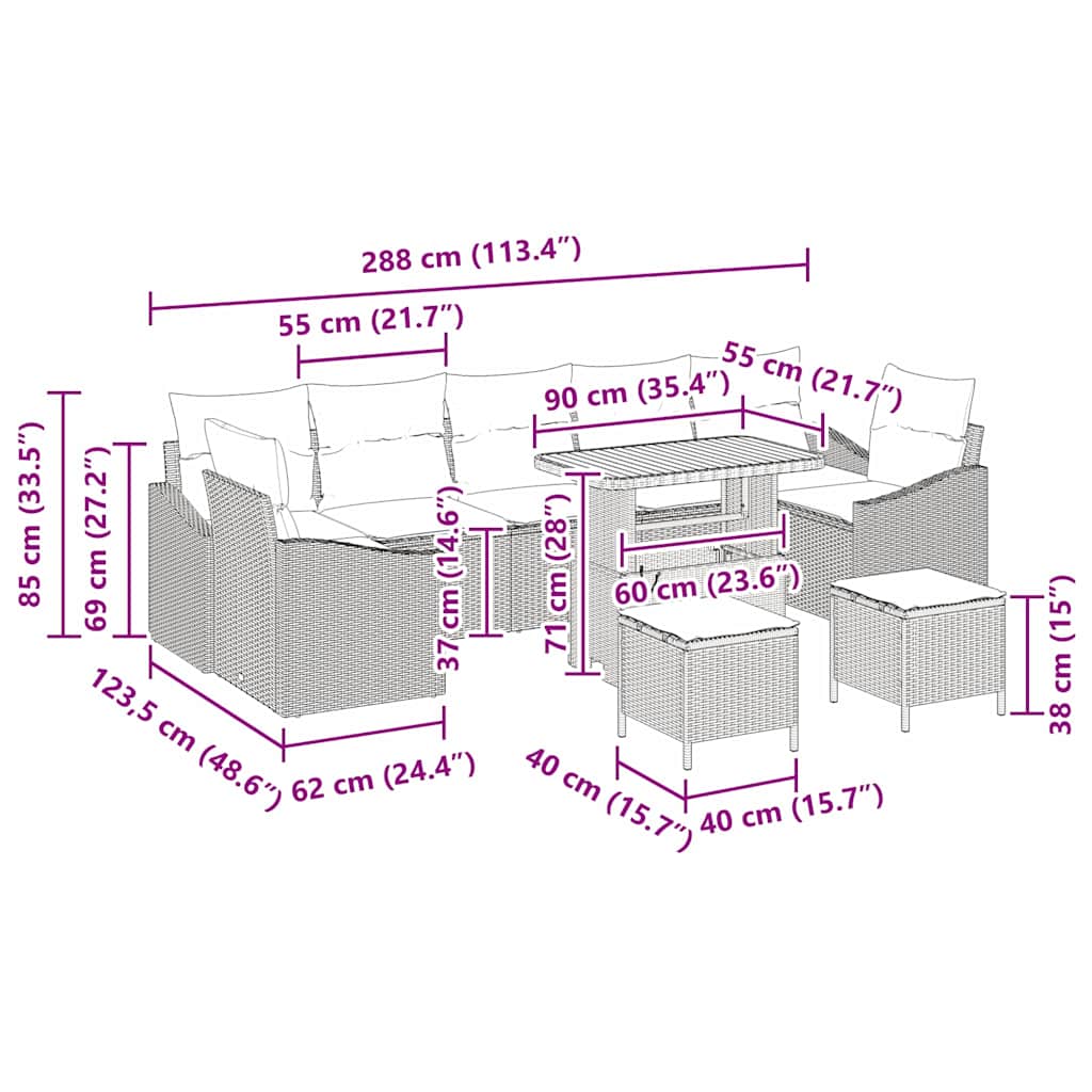 Σετ Καναπέ Κήπου με μαξιλάρι 10 pcs Μαύρο συνθετικό ρατάν