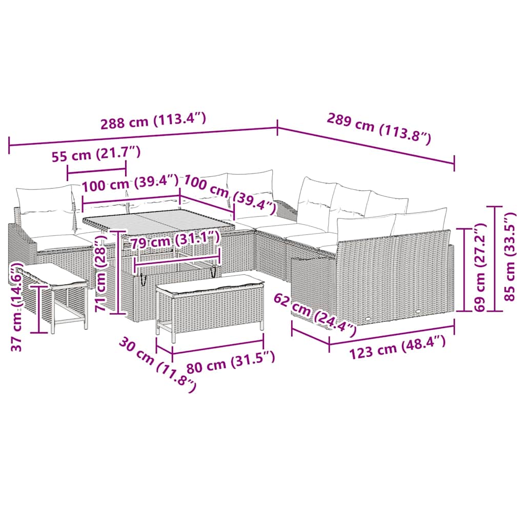 Σετ Καναπέ Κήπου με μαξιλάρι 13 pcs Μπεζ συνθετικό ρατάν