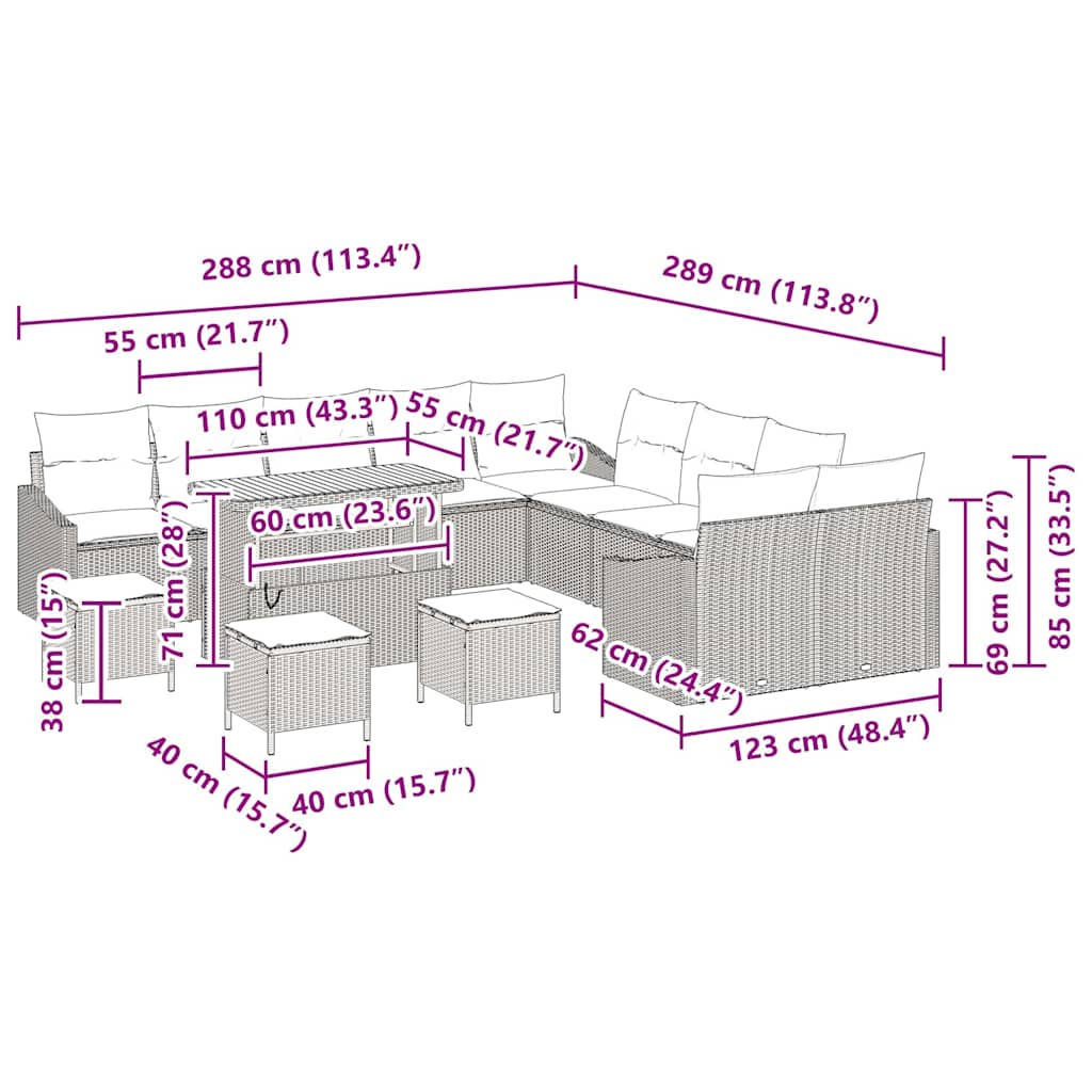 Σετ Καναπέ Κήπου με μαξιλάρι 14 pcs Μπεζ συνθετικό ρατάν