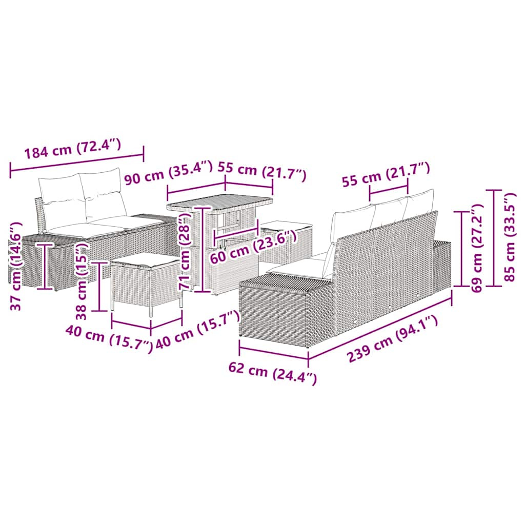 Σετ Καναπέ Κήπου με μαξιλάρι 8 pcs Γκρι συνθετικό ρατάν