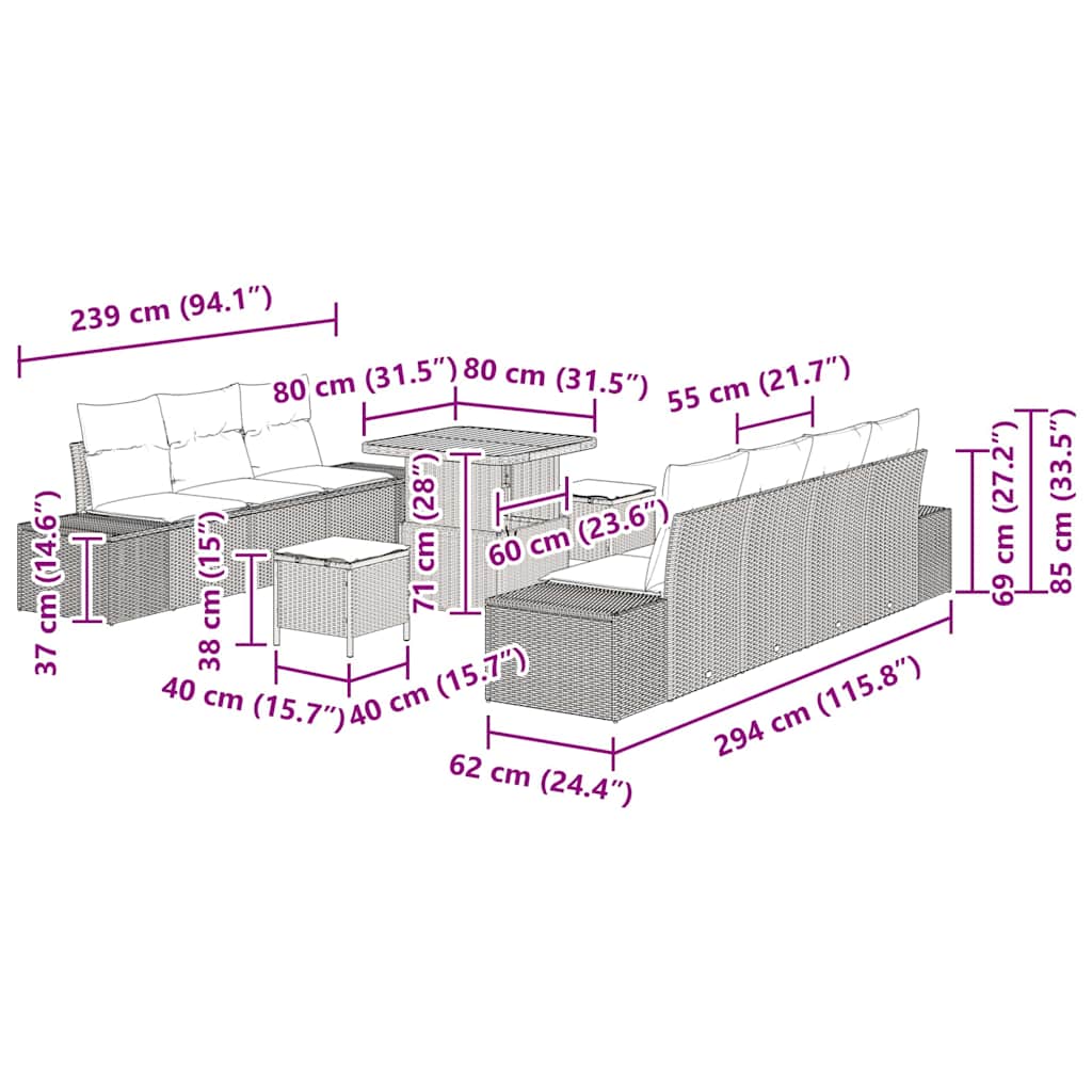 Σετ Καναπέ Κήπου με μαξιλάρι 10 pcs Μαύρο συνθετικό ρατάν - Pakobazaar
