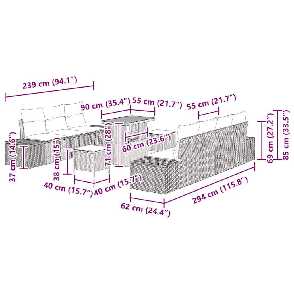 Σετ Καναπέ Κήπου με μαξιλάρι 10 pcs Γκρι συνθετικό ρατάν