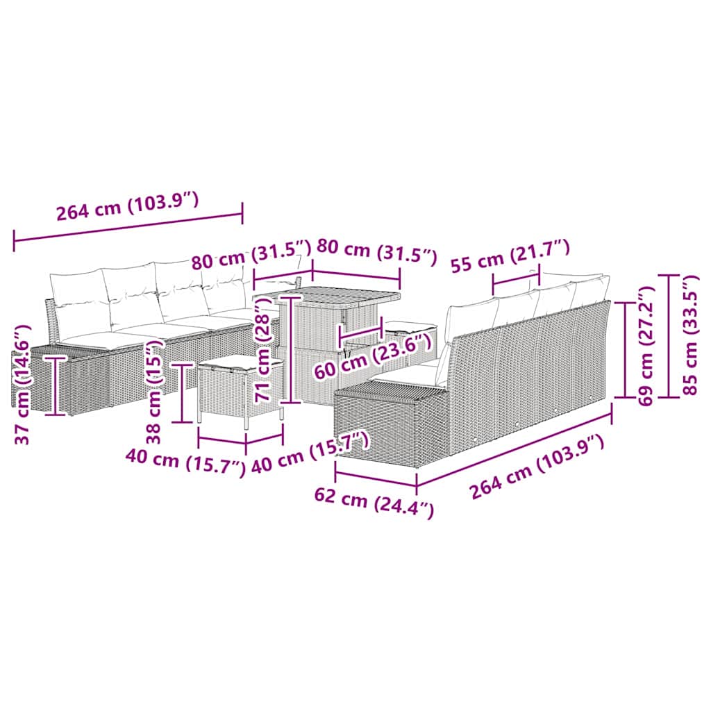 Σετ Καναπέ Κήπου με μαξιλάρι 11 pcs Γκρι συνθετικό ρατάν